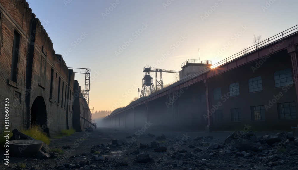 Misty Sunrise Over Abandoned Industrial Warehouse and Equipment Misty Sunrise Over Abandoned Industrial Warehouse and Equipment