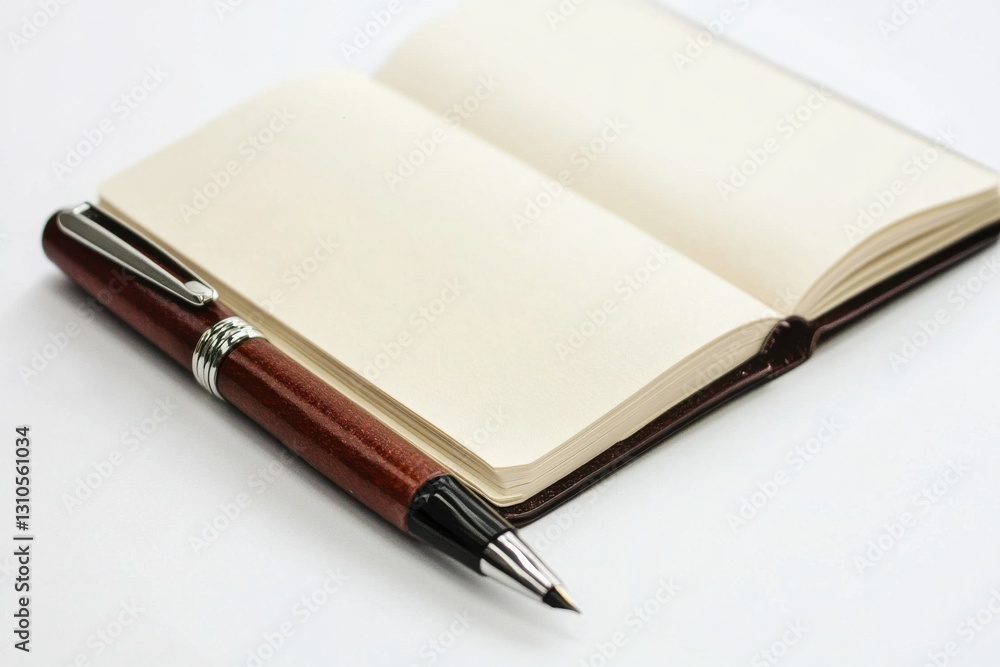 Notebook and pen arranged on white background for minimalist workspace setup promoting creativity and organization Notebook and pen arranged on white background for minimalist workspace setup promoting creativity and organization
