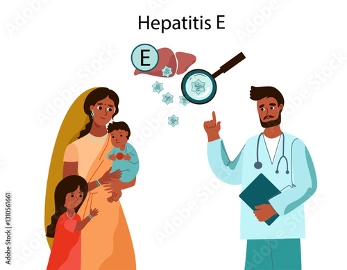 world hepatitis day. Hepatitis E awareness medical information poster. Indian male doctor talks to mother with children about Hepatitis E. cartoon flat vector illustration