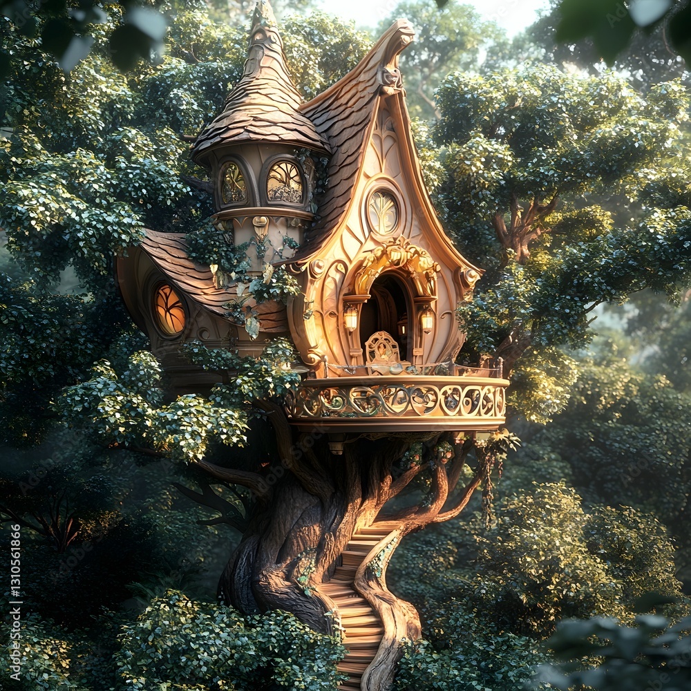 Fototapeta premium Ornate Fairytale Treehouse in Enchanted Forest Landscape