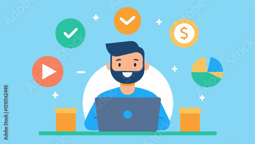 Investor with Cash Flow A happy investor sitting at a desk with a laptop surrounded by floating dollar bills and arrows pointing toward a pie chart labeled Dividends.