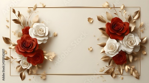 Elegant, paper roses, gold frame, cream background