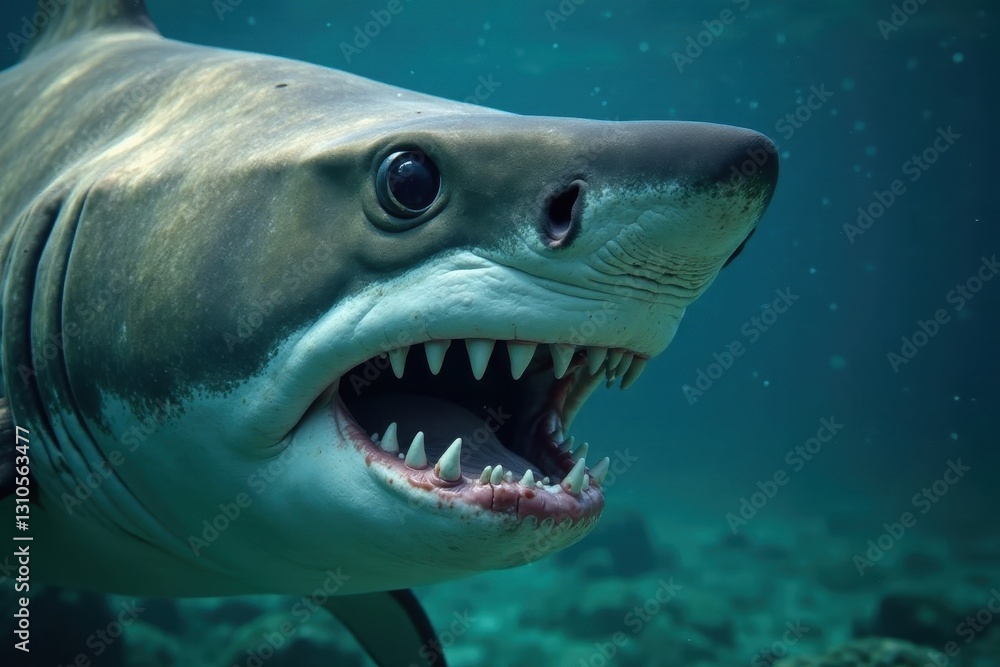 Naklejka premium Close-up of bull shark's jaws clamped on a fish head , detail, carnivore, aquatic