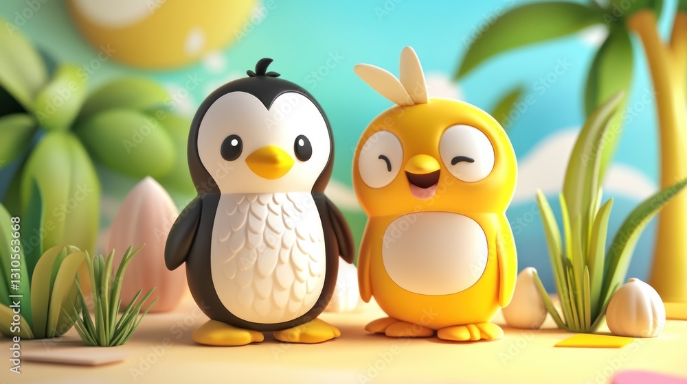 Fototapeta premium A cheerful black penguin and yellow bird standing together peacefully