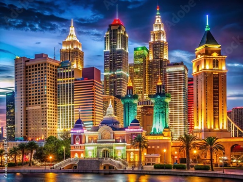 Las Vegas Casino with New York Skyline - Night View, Cityscape, Gambling, Entertainment