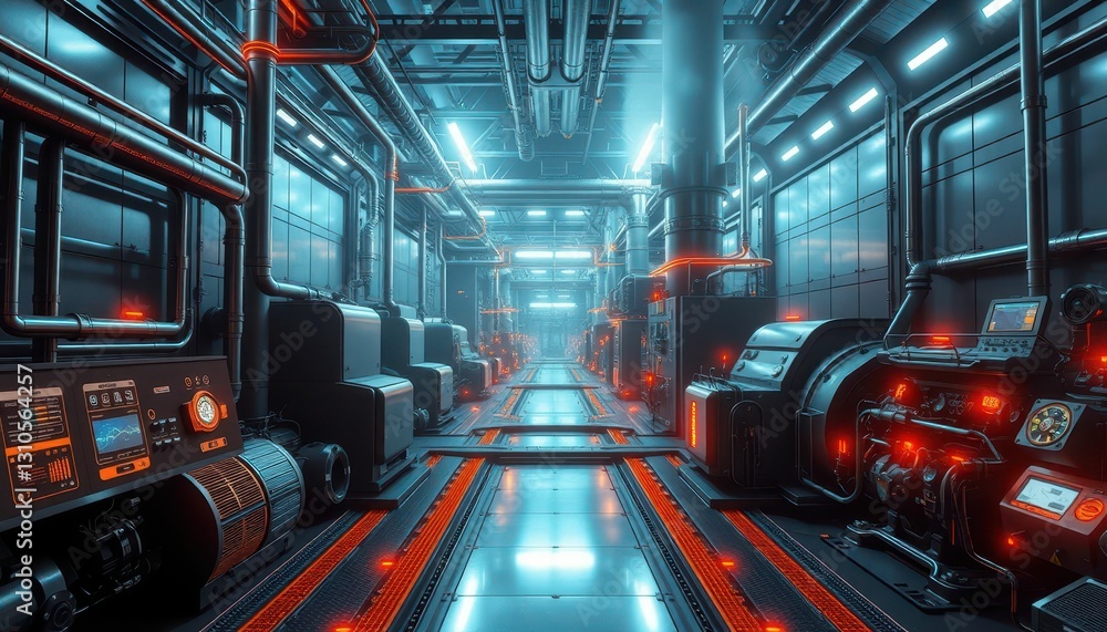 Fototapeta premium Futuristic Industrial Corridor with Neon Lights and Machinery