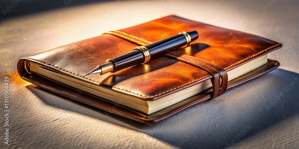 Leather Journal & Pen, Night Photography, White Background - Premium Stock Photo Leather Journal & Pen, Night Photography, White Background - Premium Stock Photo