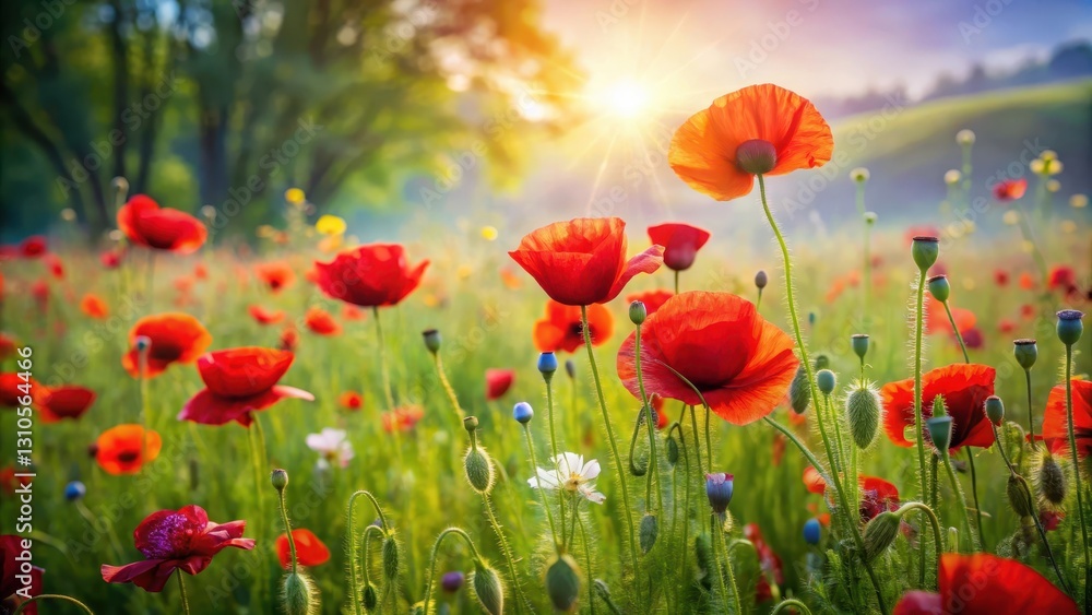 Fototapeta premium Vibrant red poppies sway gently in a warm summer breeze amidst lush green grasses and wildflowers in a sunny meadow , nature, summer meadow