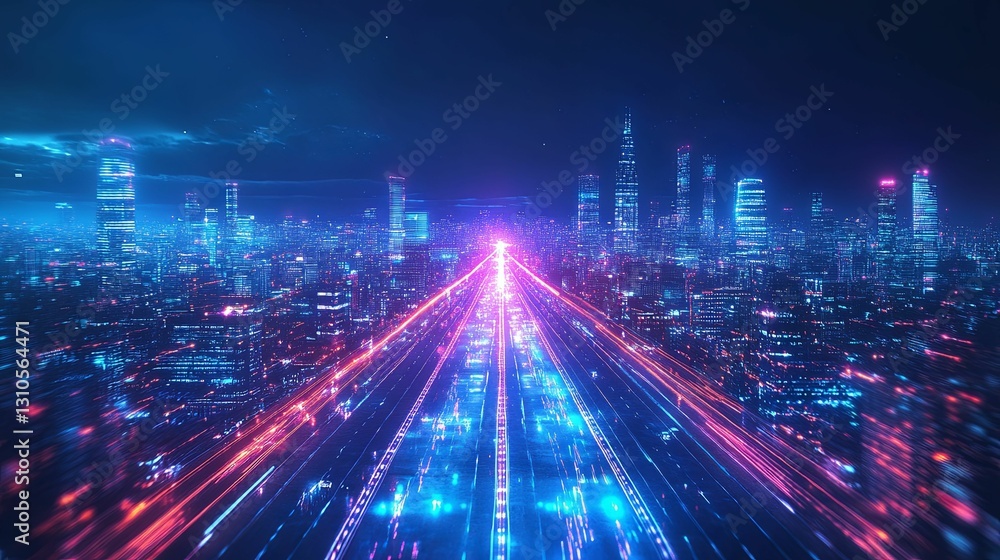 Neon Cityscape Highway At Night Showing Vibrant Lights Neon Cityscape Highway At Night Showing Vibrant Lights
