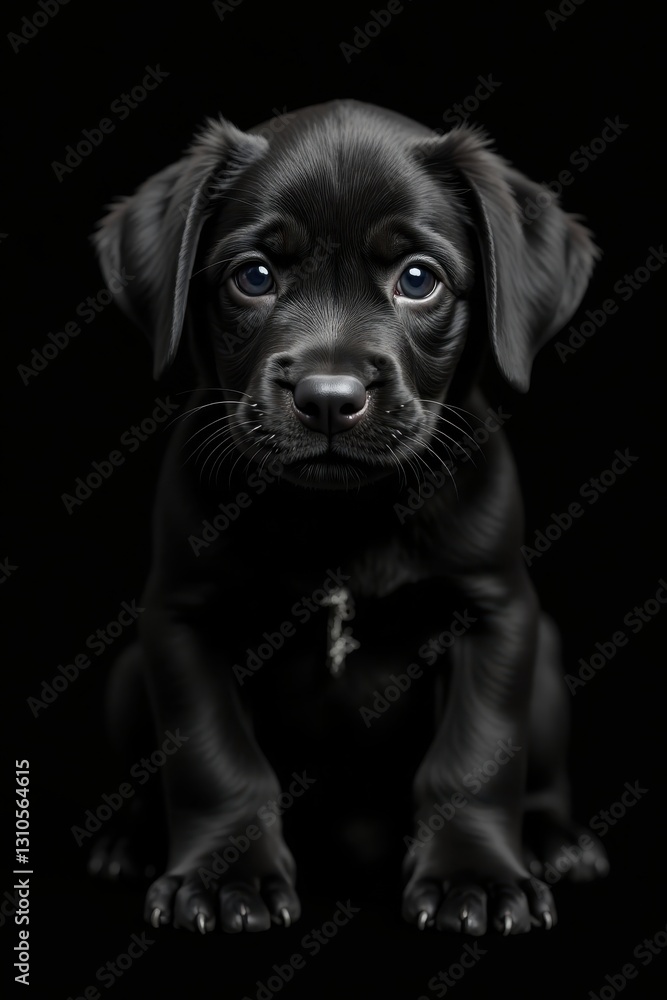 Adorable black puppy stares intently at camera, isolated on black , affection, monochrome Adorable black puppy stares intently at camera, isolated on black , affection, monochrome