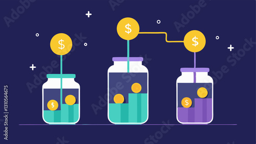 Liquidity Pools Simple jars filled with liquid coins marked with percentages showing how users can contribute to liquidity pools to earn rewards.