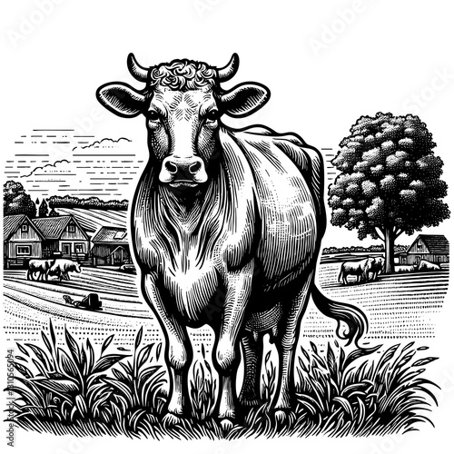 cow standing in a rural farm setting with fields, trees, barns, and grazing cattle in the background engraving generative ai sketch PNG illustration