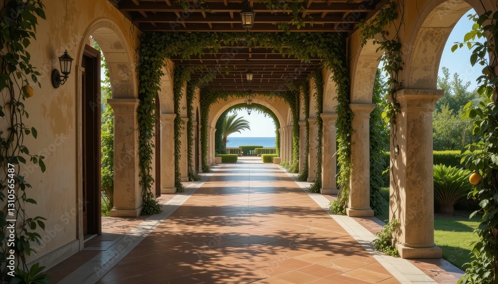 Fototapeta premium Serene Architectural Passageway with Lush Greenery and Ocean View