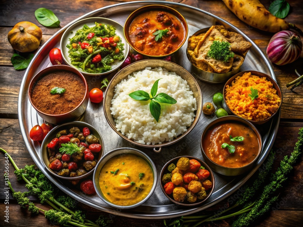 Low light reveals the textures and aromas of a delicious Indian thali: fragrant rice, and flavorful curries. Low light reveals the textures and aromas of a delicious Indian thali: fragrant rice, and flavorful curries.