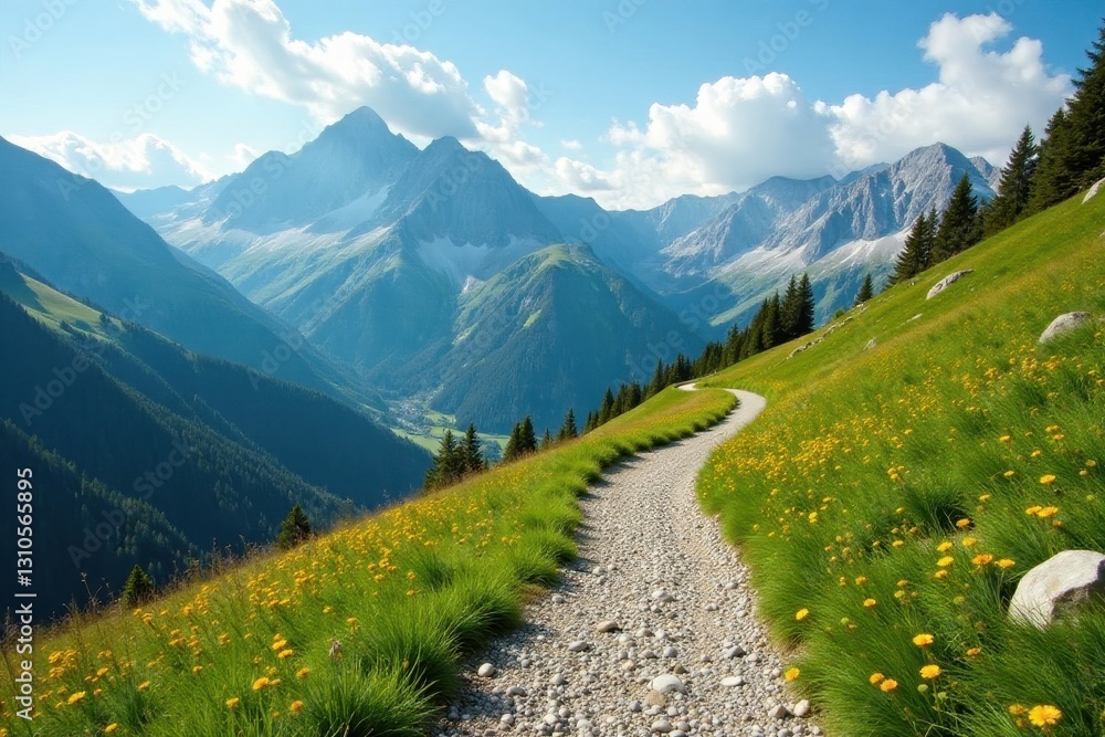 Fototapeta premium Rugged mountain path winding through alpine meadow, sky, vista