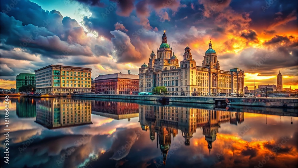 Fototapeta premium Liverpool Cityscape: Dramatic Sunset Over Mersey River & Iconic Architecture