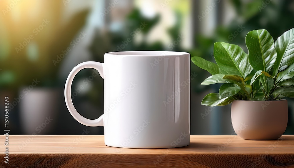 White Coffee Mug on Wooden Table with Blurred Interior and Potted Green Plant Backdrop, Serene Scene Showcasing a Cozy, Minimalist Setting in a Modern Home. White Coffee Mug on Wooden Table with Blurred Interior and Potted Green Plant Backdrop, Serene Scene Showcasing a Cozy, Minimalist Setting in a Modern Home.