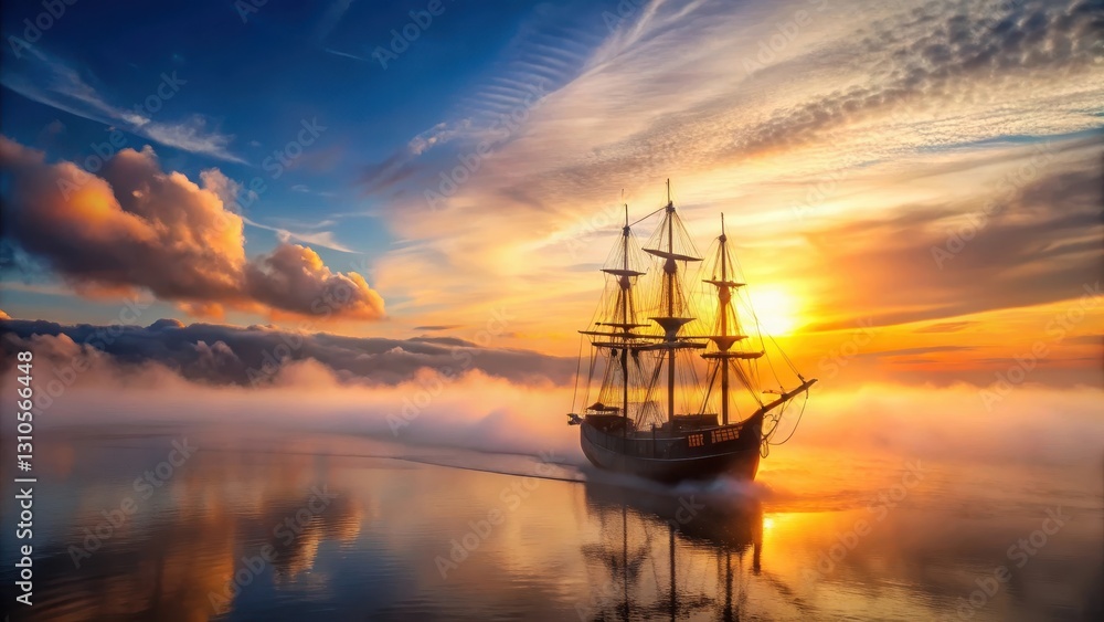 Fototapeta premium Pirate Ship at Sunrise with Fog, foggy horizon, sailing vessel, foggy horizon