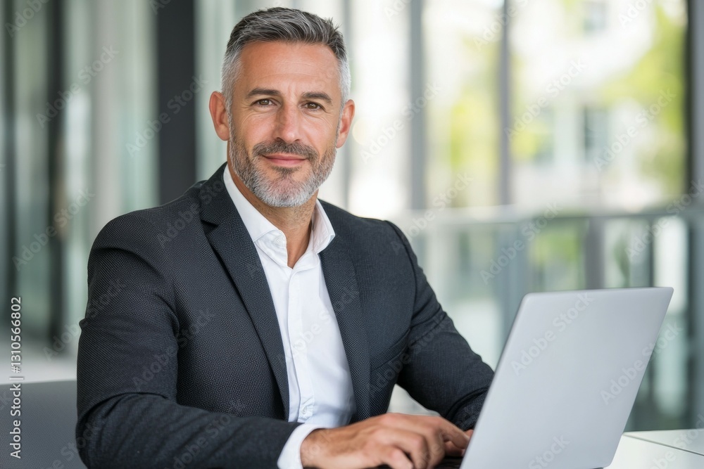 Man in a suit is sitting at a table with a laptop in front of him Man in a suit is sitting at a table with a laptop in front of him