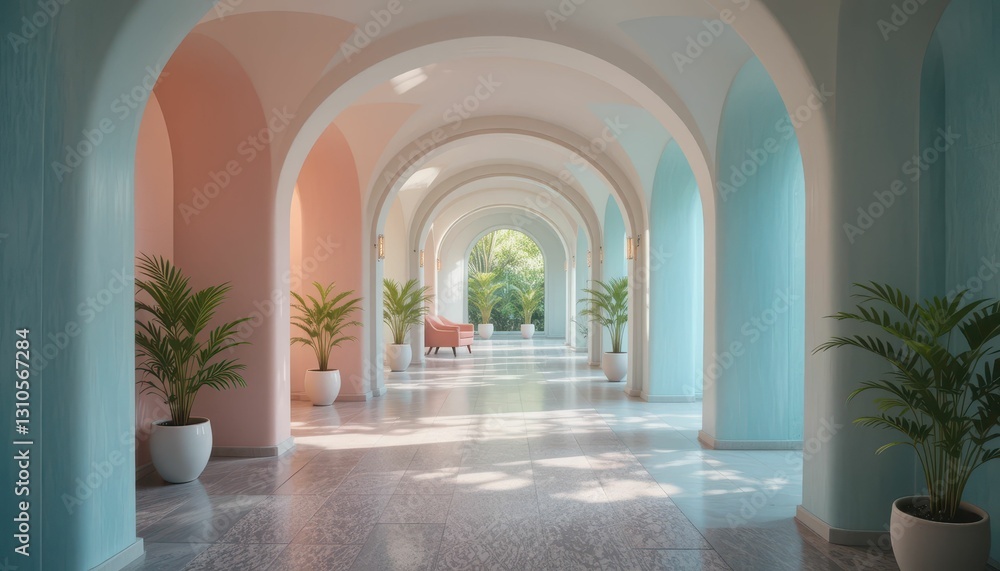 Serene corridor with pastel arches and vibrant greenery in sunlight Serene corridor with pastel arches and vibrant greenery in sunlight