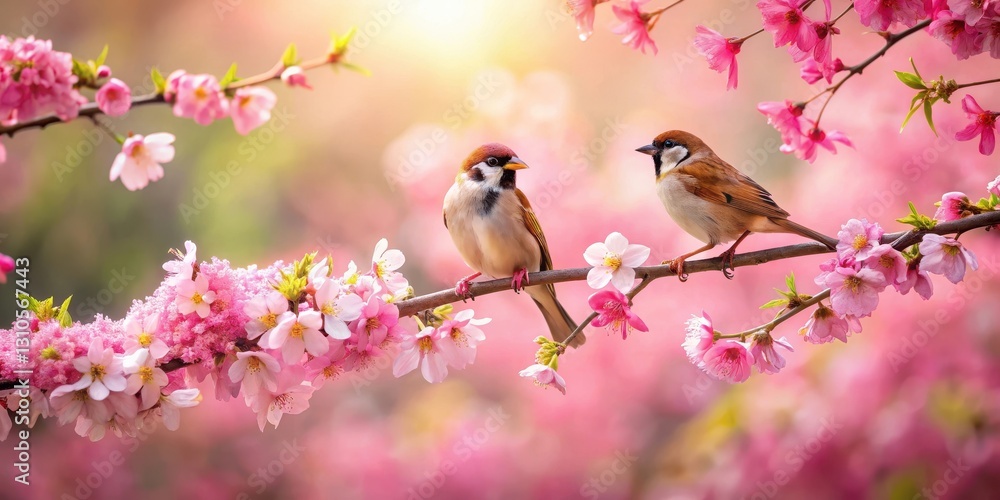 Birds on Pink Flowers Branch, beautiful, spring tree branch, beautiful, spring tree branch Birds on Pink Flowers Branch, beautiful, spring tree branch, beautiful, spring tree branch