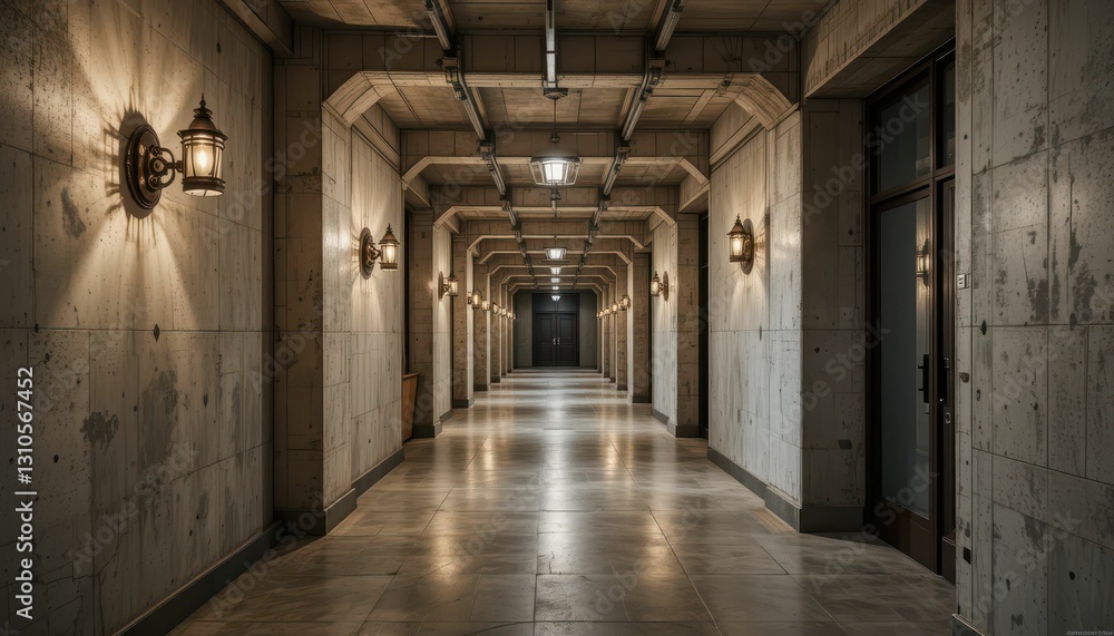 Serene Industrial Corridor with Soft Lighting and Textured Walls Serene Industrial Corridor with Soft Lighting and Textured Walls