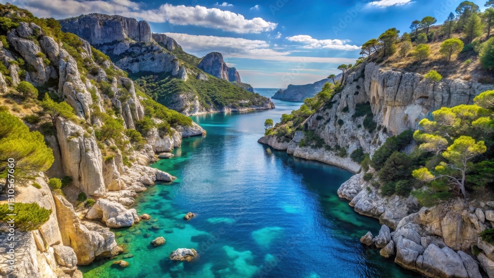 Fjord with Rocky Cliffs in Calanque de Port Miou, France Fjord with Rocky Cliffs in Calanque de Port Miou, France