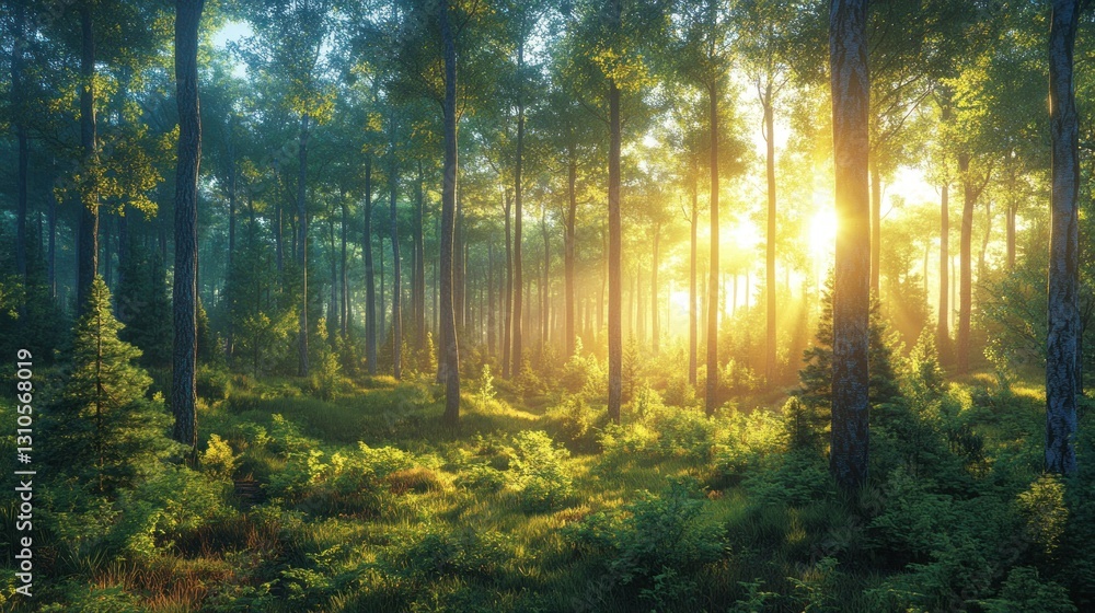 Obraz premium Sunbeams pierce misty forest