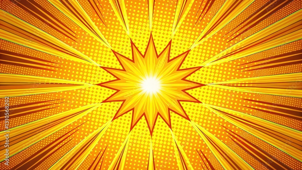 Fototapeta premium Bold colorful comic book artwork style background with radial patterns and abstract shapes surrounding a bright yellow glow , illustration, pop art