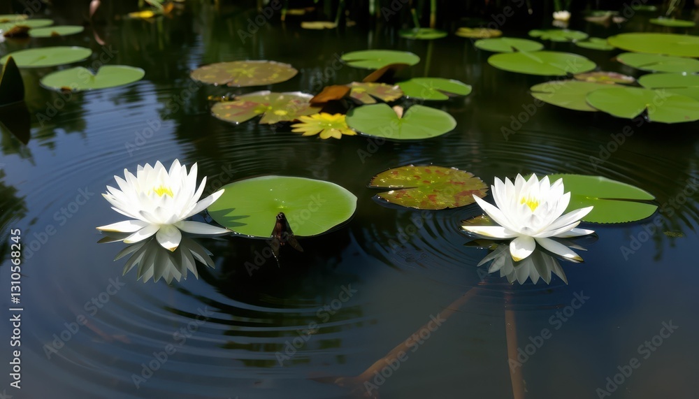 Tranquil Water Lilies Floating on Serene Pond Surface in Summer Tranquil Water Lilies Floating on Serene Pond Surface in Summer