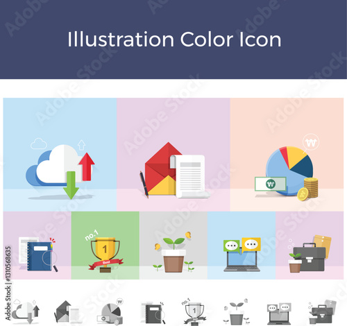 Illustration Color Icon Download Upload Statistics Book Award Trophy Conversation Business Bag