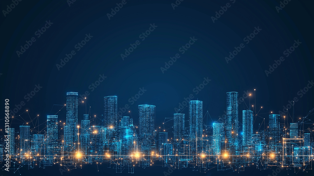 Fototapeta premium Cyber Cityscape: A futuristic city skyline comes to life with interconnected digital networks, pulsating lights, and technological innovation, reflecting the dynamism of urban life.