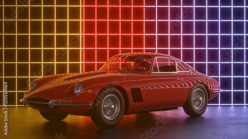 Red Vintage Sports Car with Neon Retro Lighting in Studio Photography Session