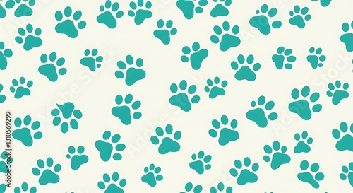 Cute Paw Print Pattern Design in Teal on Cream Background