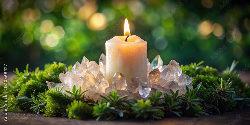 A crystal cluster sits atop a candle surrounded by lush greenery, emitting a warm gentle glow, spiritual A crystal cluster sits atop a candle surrounded by lush greenery, emitting a warm gentle glow, spiritual