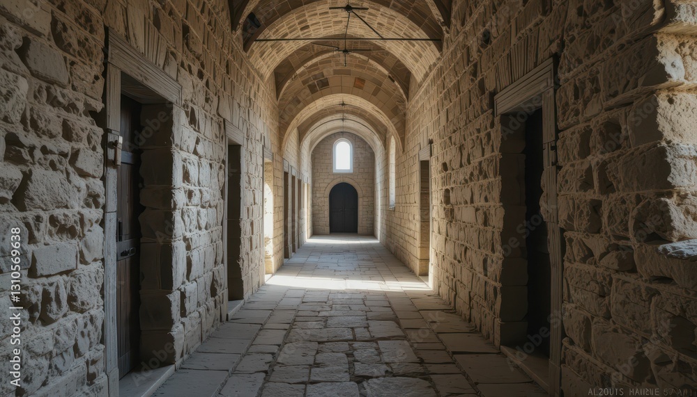 Fototapeta premium Serene Stone Corridor with Arched Ceilings and Doorways
