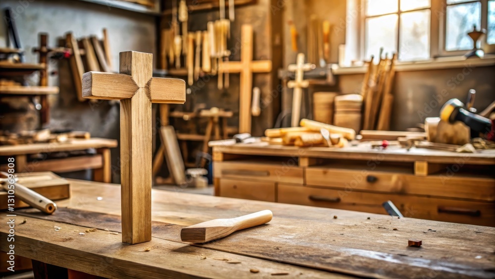 Wooden cross with hammer on a workbench, DIY project, carpentry shop Wooden cross with hammer on a workbench, DIY project, carpentry shop