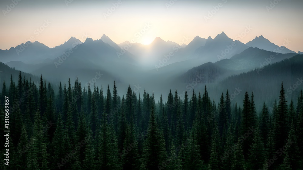 Misty Sunrise in Mountain Forest Misty Sunrise in Mountain Forest