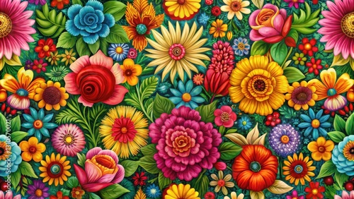 Vibrant floral wallpaper featuring a mix of colorful flowers and lush greenery in a traditional Hispanic style with intricate patterns and textures, hispanic heritage month, central america