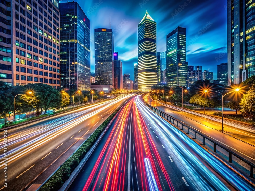 Naklejka premium Long Exposure Light Trails Cityscape at Night - Urban Night Photography