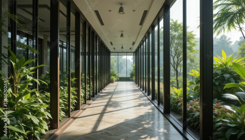 Tranquil Modern Corridor with Glass Walls and Lush Greenery