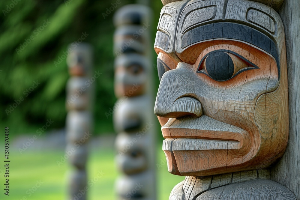 Wooden sculpture of a man's face is standing next to a pole Wooden sculpture of a man's face is standing next to a pole