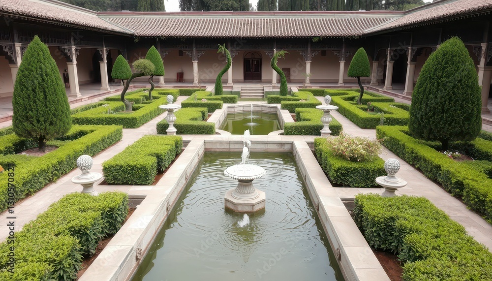 Obraz premium Elegant Garden with Sculptures and Tranquil Water Features