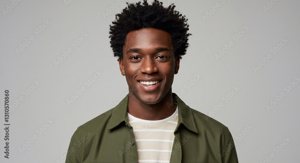 Obraz premium Waist-up studio portrait of a young male model looking into the camera with a cheerful expression. He is wearing a T-shirt and an overshirt.