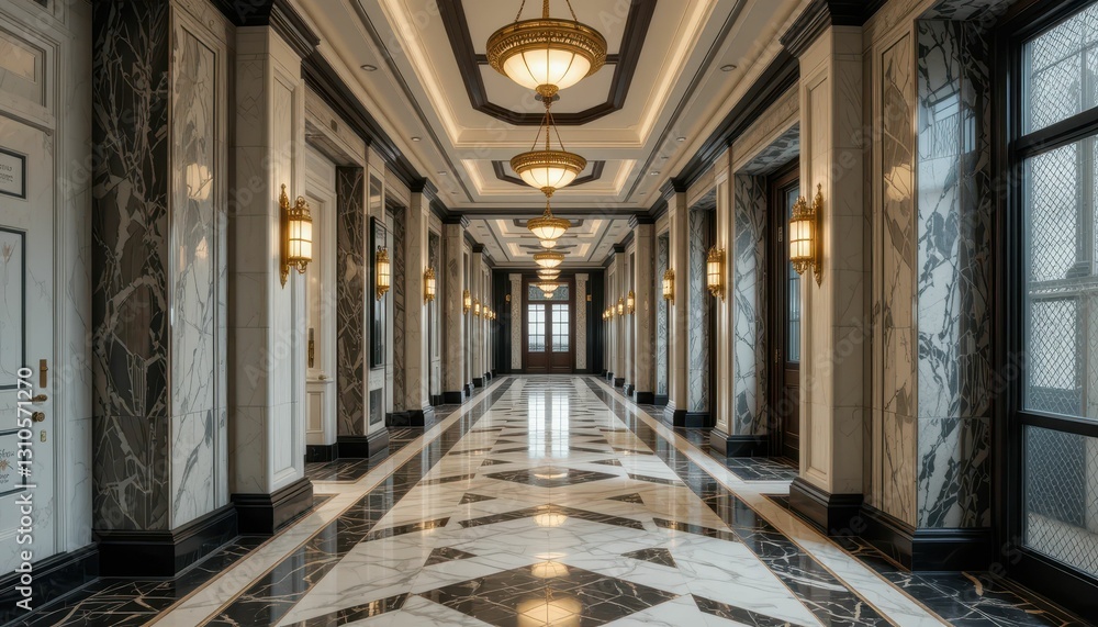 Elegant and Luxurious Hallway with Decorative Lighting and Marble Floor Elegant and Luxurious Hallway with Decorative Lighting and Marble Floor