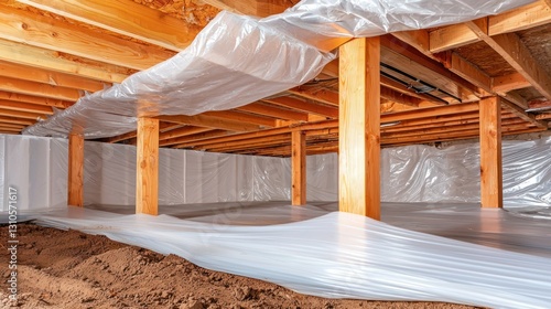 Encapsulated crawl space with vapor barrier, beams, soil, and plastic sheeting photo