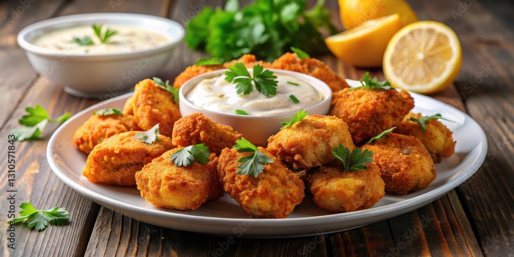 Crispy fried chicken nuggets on a plate with creamy garlic sauce drizzle, garnished with fresh parsley and lemon wedges, delicious, golden brown Crispy fried chicken nuggets on a plate with creamy garlic sauce drizzle, garnished with fresh parsley and lemon wedges, delicious, golden brown