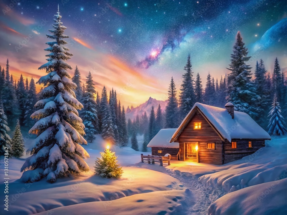 Fototapeta premium Long Exposure Photography of a Watercolor Mountain Cabin at Night