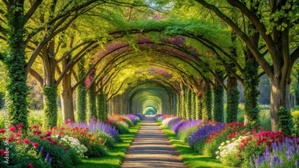 A soothing atmosphere is created by the gentle passage through a lush green tunnel of trees lined with vibrant spring flowers, set against a soft blue sky, Sky, Trees A soothing atmosphere is created by the gentle passage through a lush green tunnel of trees lined with vibrant spring flowers, set against a soft blue sky, Sky, Trees