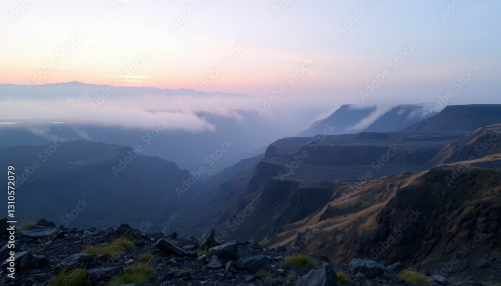 Serene Mountain Landscape at Dawn with Mist and Soft Light